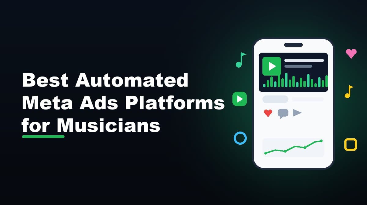 Phone showing a music ad in a social feed with engagement icons and a rising performance graph