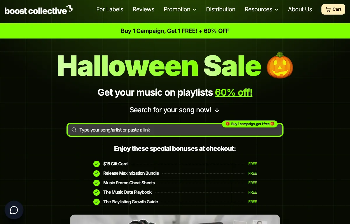 Boost Collective homepage during its Halloween Sale, offering playlist placement 60% off with a song search box and buy one campaign, get one free
