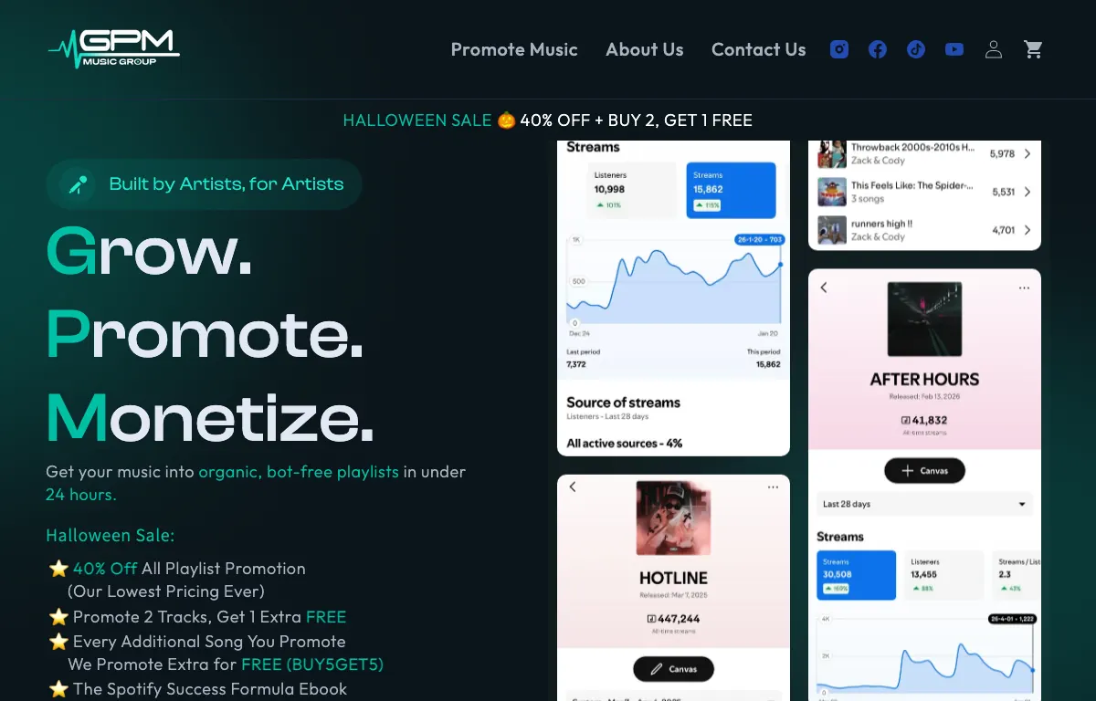 GPM Music Group homepage with the headline Grow. Promote. Monetize., a Halloween sale banner for 40% off plus buy 2 get 1 free, and the line Get your music into organic, bot-free playlists in under 24 hours