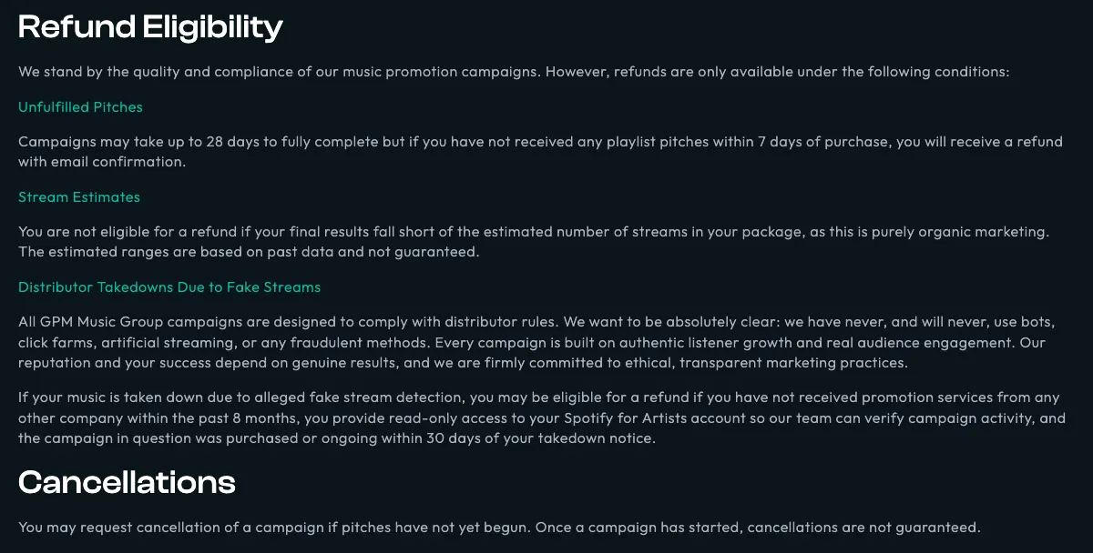 GPM Music Group refund policy, Refund Eligibility section: a refund if no playlist pitches are received within 7 days, no refund if results fall short of estimated streams, and the conditions for a refund after a takedown over alleged fake streams