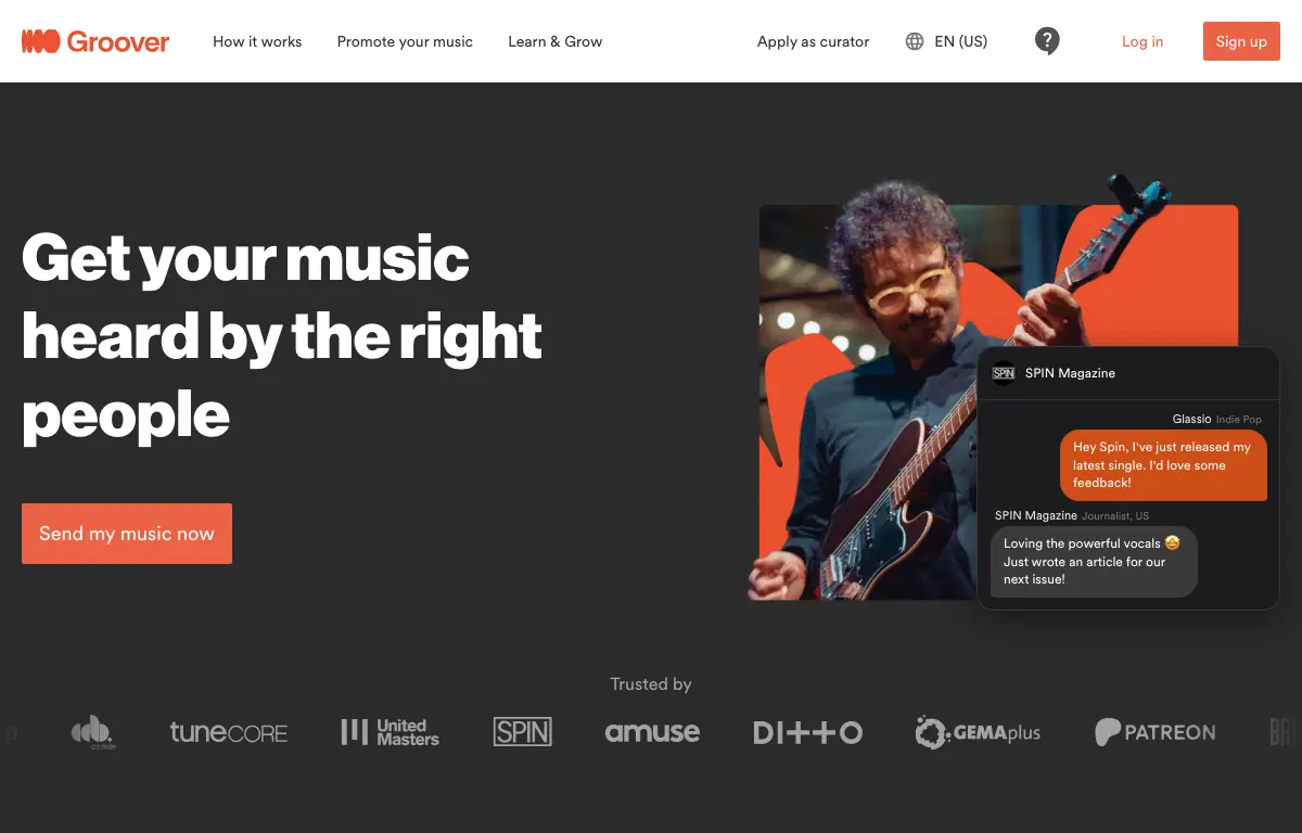 Groover homepage headed Get your music heard by the right people, with a Send my music now button and a sample chat between an artist and SPIN Magazine