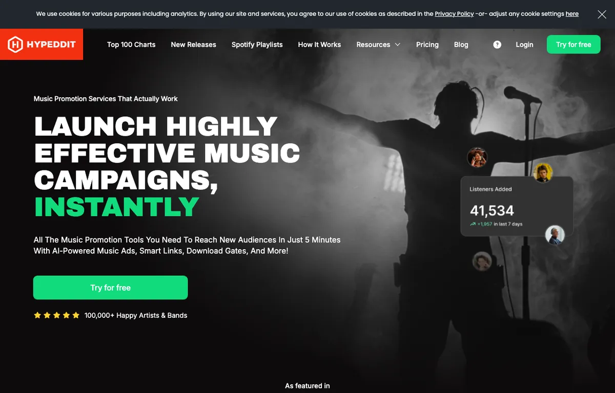 Hypeddit landing page promoting music campaigns with AI-powered music ads and smart links