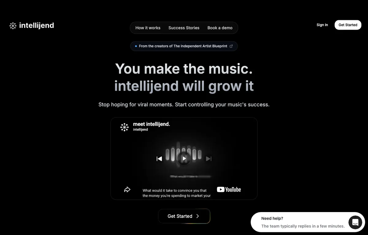 Intellijend landing page with the tagline You make the music, intellijend will grow it