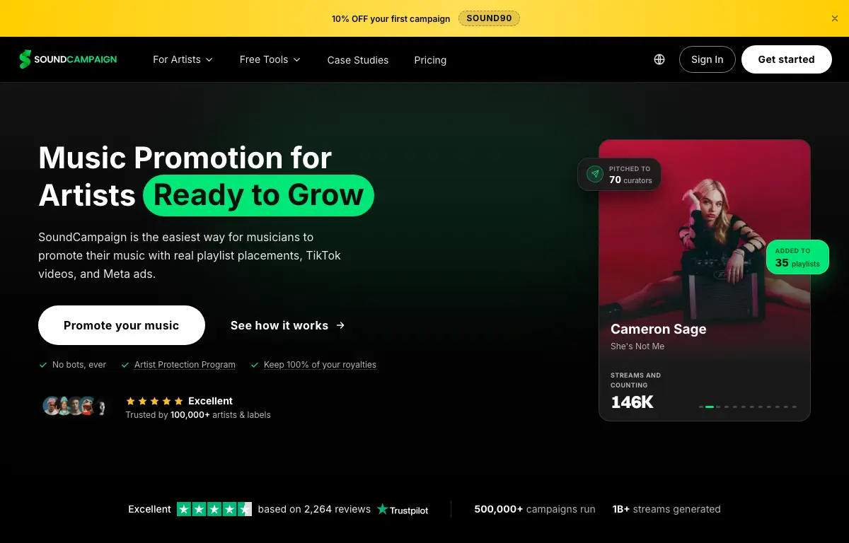 SoundCampaign homepage headed Music Promotion for Artists Ready to Grow, offering playlist placements, TikTok videos and Meta ads, with a 10% off first campaign banner