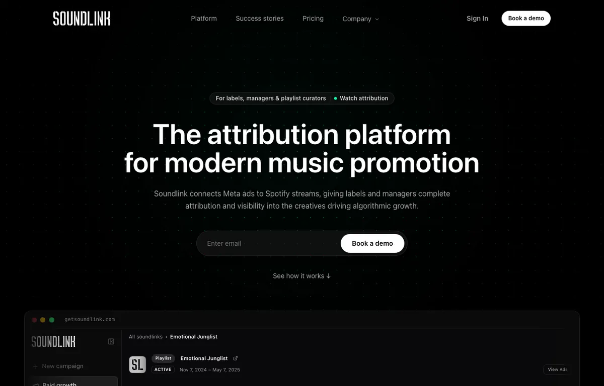 SoundLink landing page describing an attribution platform connecting Meta ads to Spotify