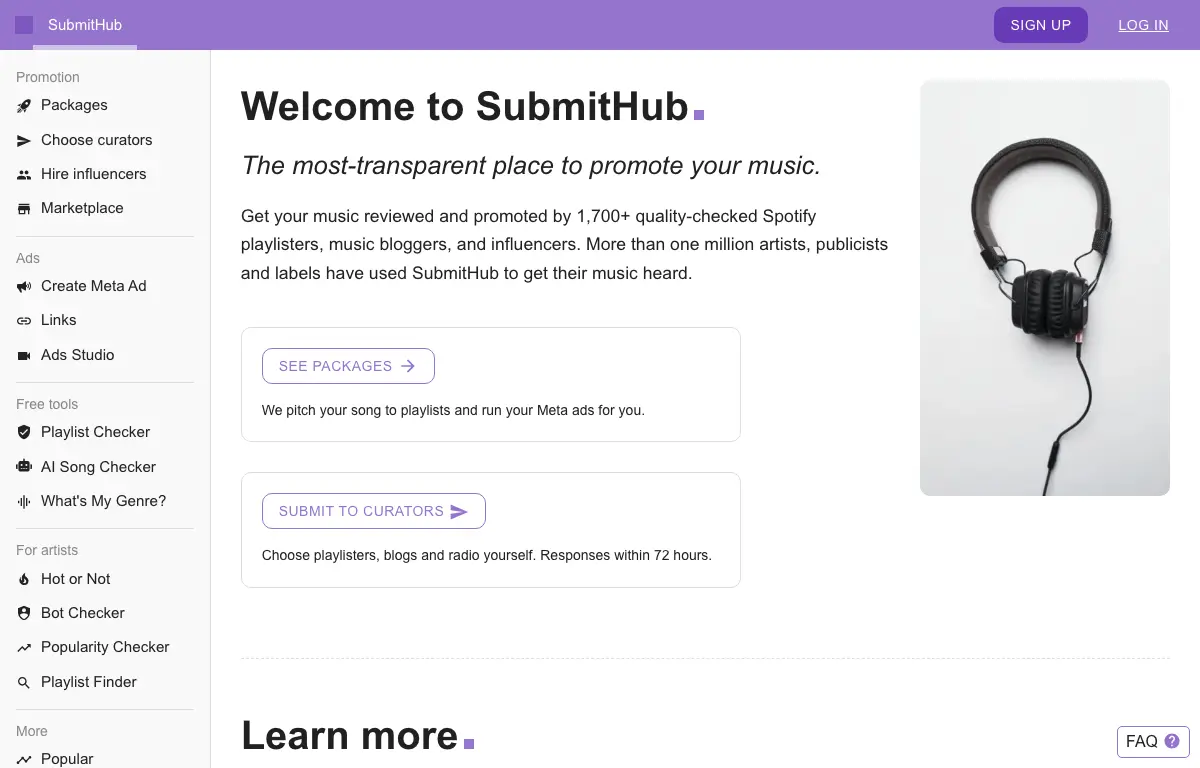SubmitHub homepage headed Welcome to SubmitHub, offering promotion packages or submitting to 1,700+ quality-checked curators with responses within 72 hours