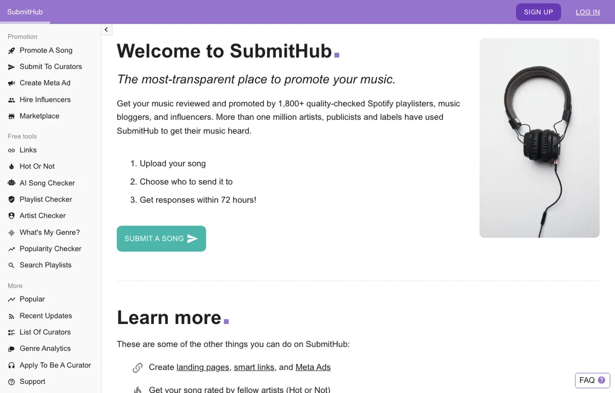 SubmitHub dashboard showing music promotion options including Create Meta Ad