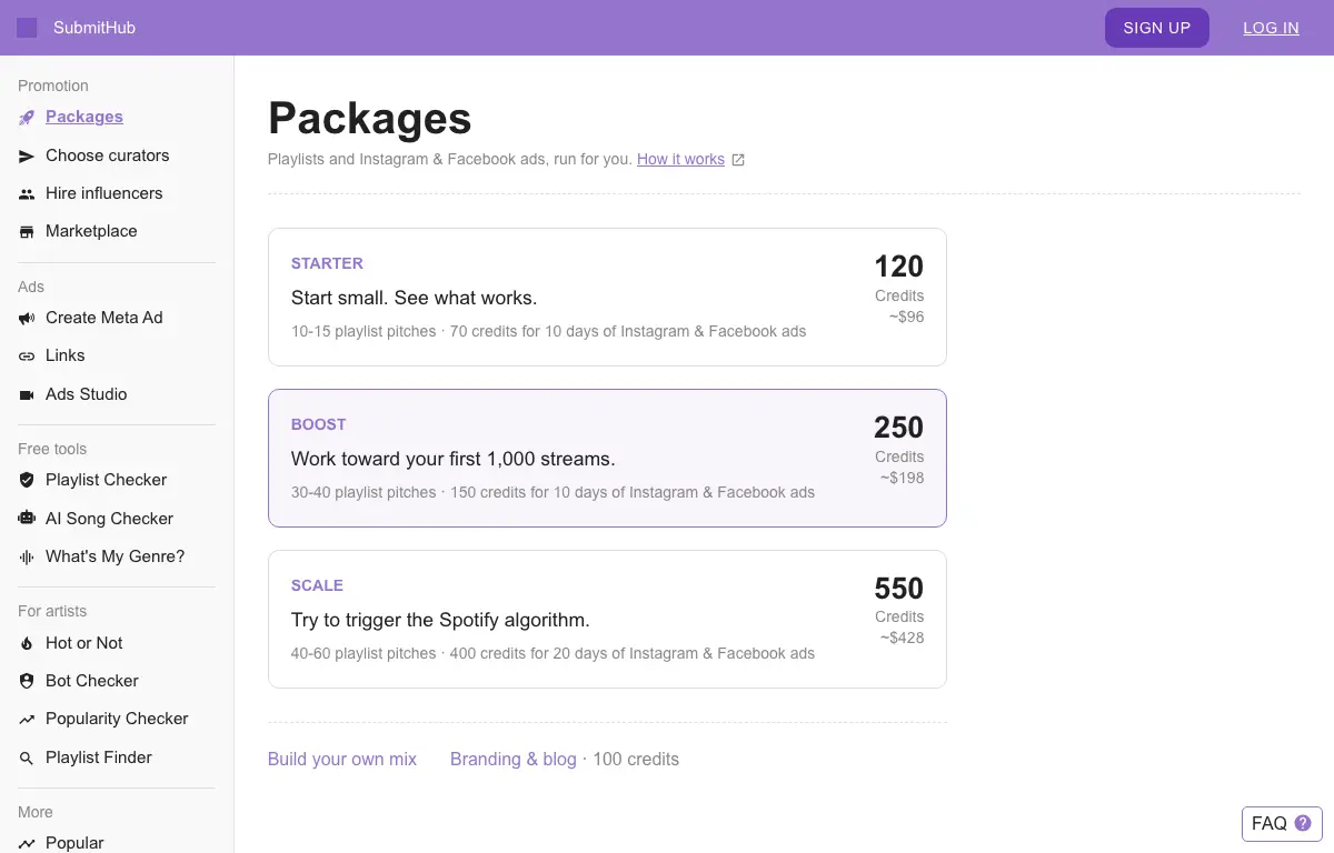 SubmitHub packages page listing Starter at 120 credits for about $96, Boost at 250 credits for about $198 and Scale at 550 credits for about $428