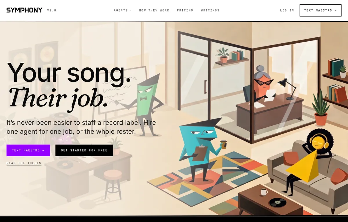 Symphony OS landing page showing AI agents for music marketing with the tagline Your song, their job