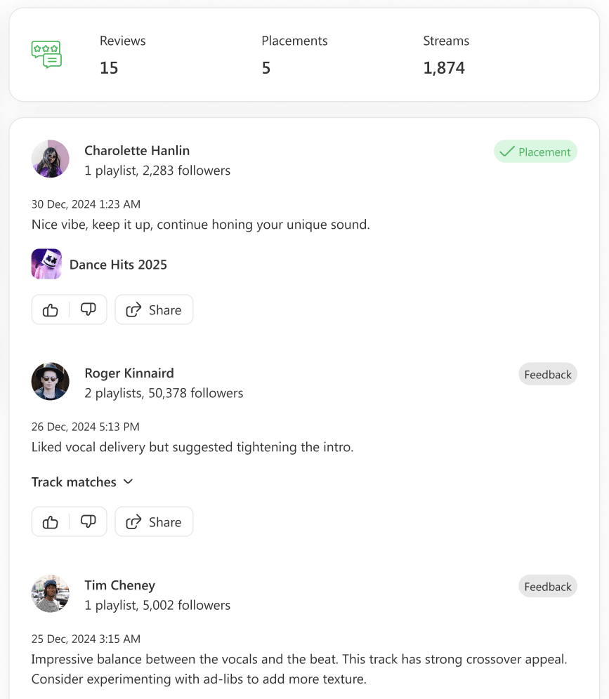 SoundCampaign Review - My campaign results - Feedbacks from curators