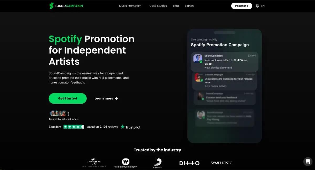 SoundCampaign's Spotify promotion page showing live curator feedback and playlist placement notifications on a campaign